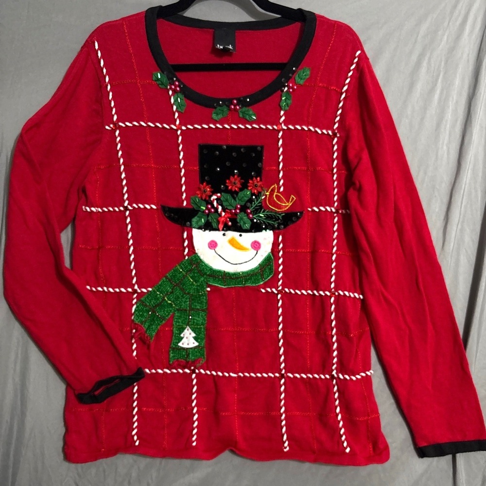 Ugly Sweater XL Red Christmas Kitsch Snowman Beaded Sequin Knit Grandmacore